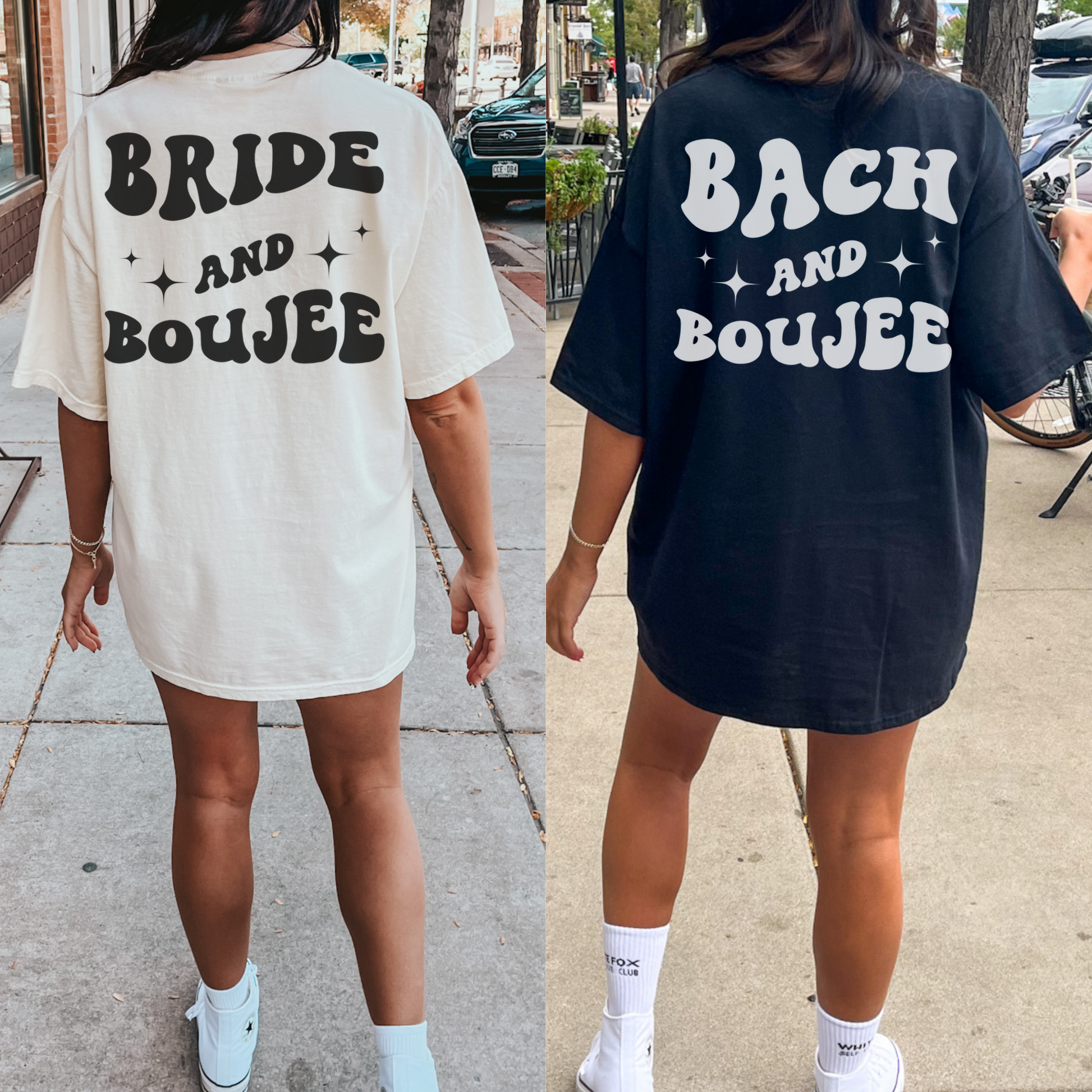 Oversized comfort colors bachelorette party shirts with words on back and custom design on front.