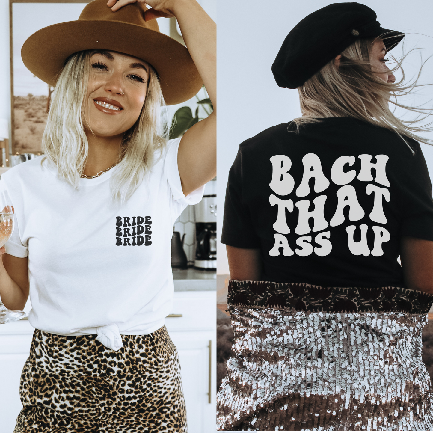 Bach That Ass Up matching bachelorette party shirts with words on back.