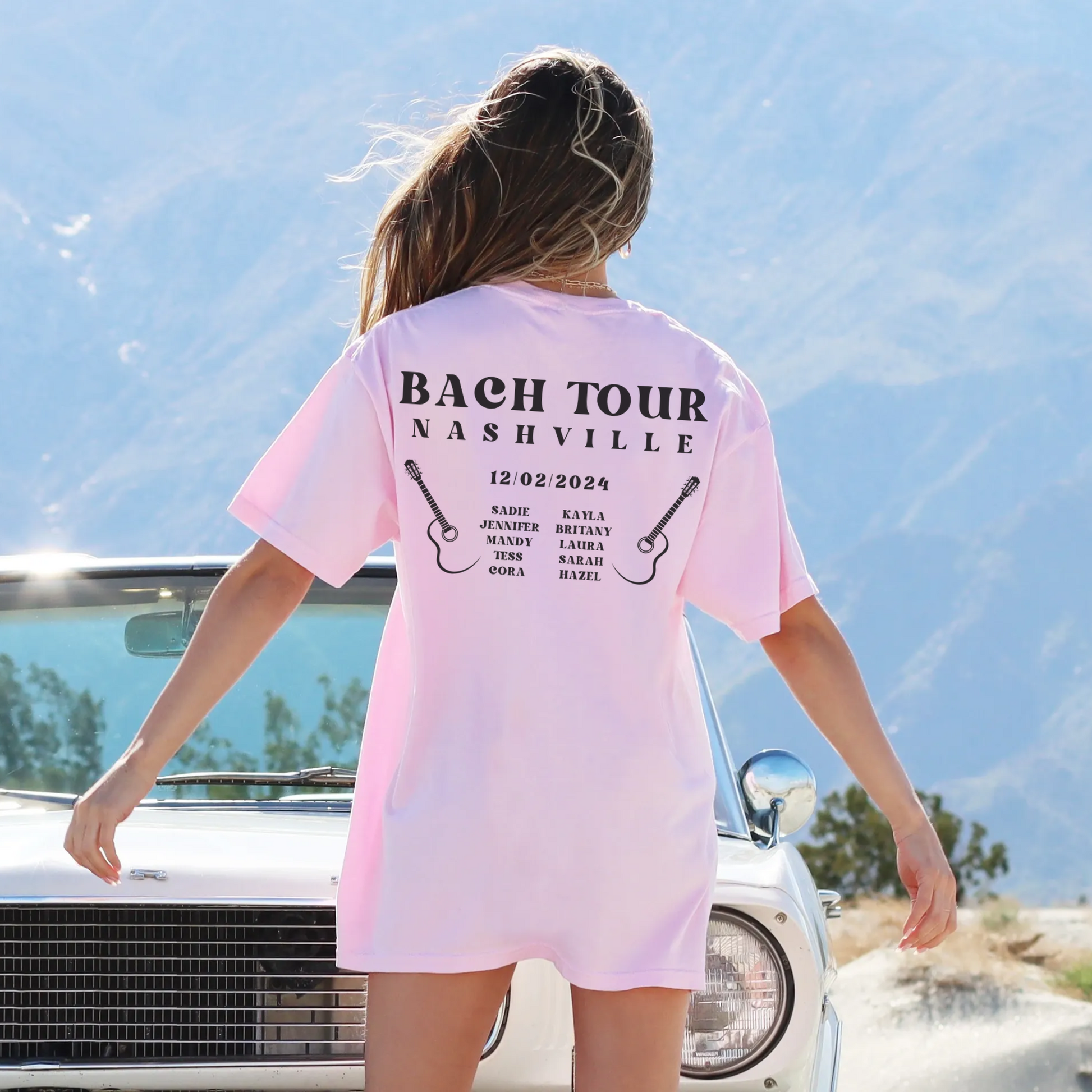 Pink bachelorette oversized Comfort Colors music themed bach tour band shirts