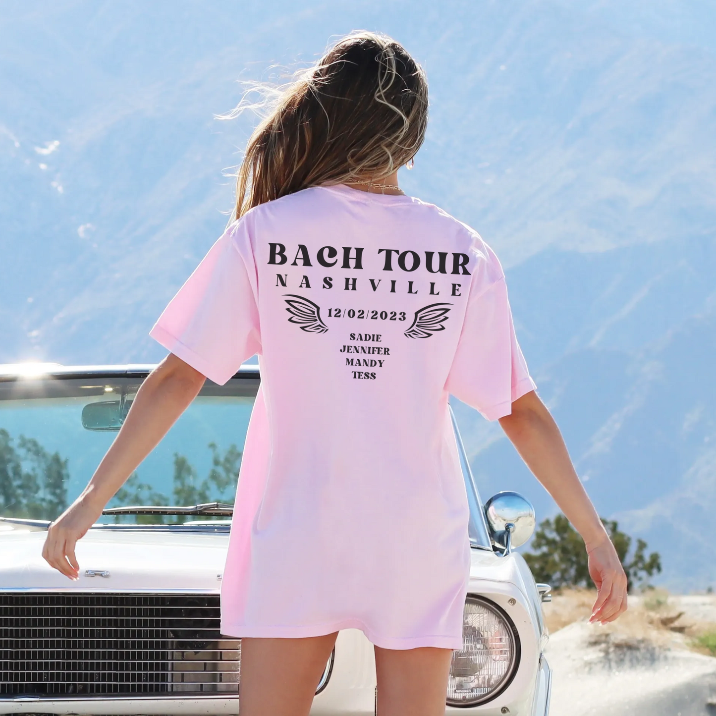 Custom destination Comfort Colors pink bachelorette bach tour shirts