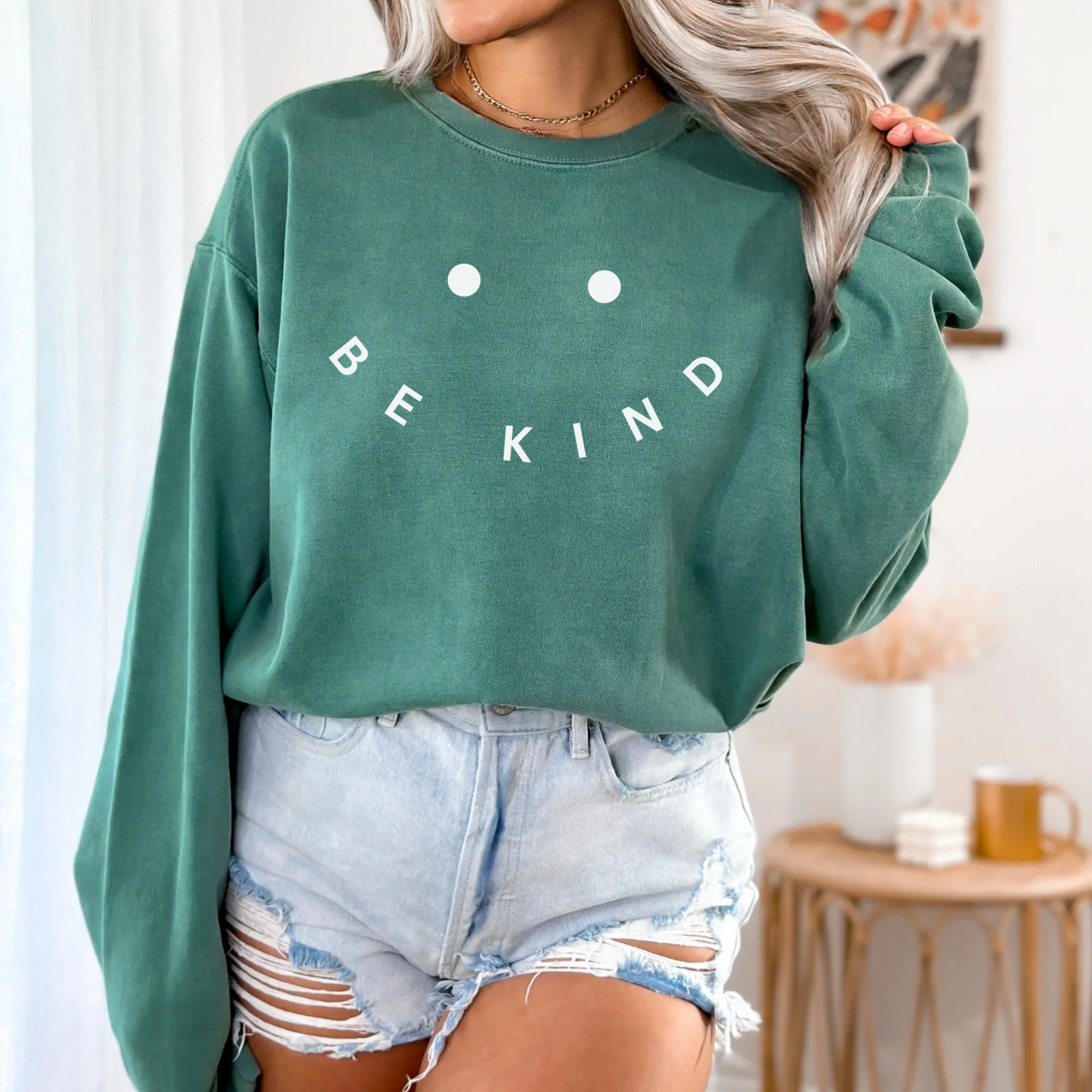 Be kind Comfort Colors sweatshirt with a positive quote and smile face design