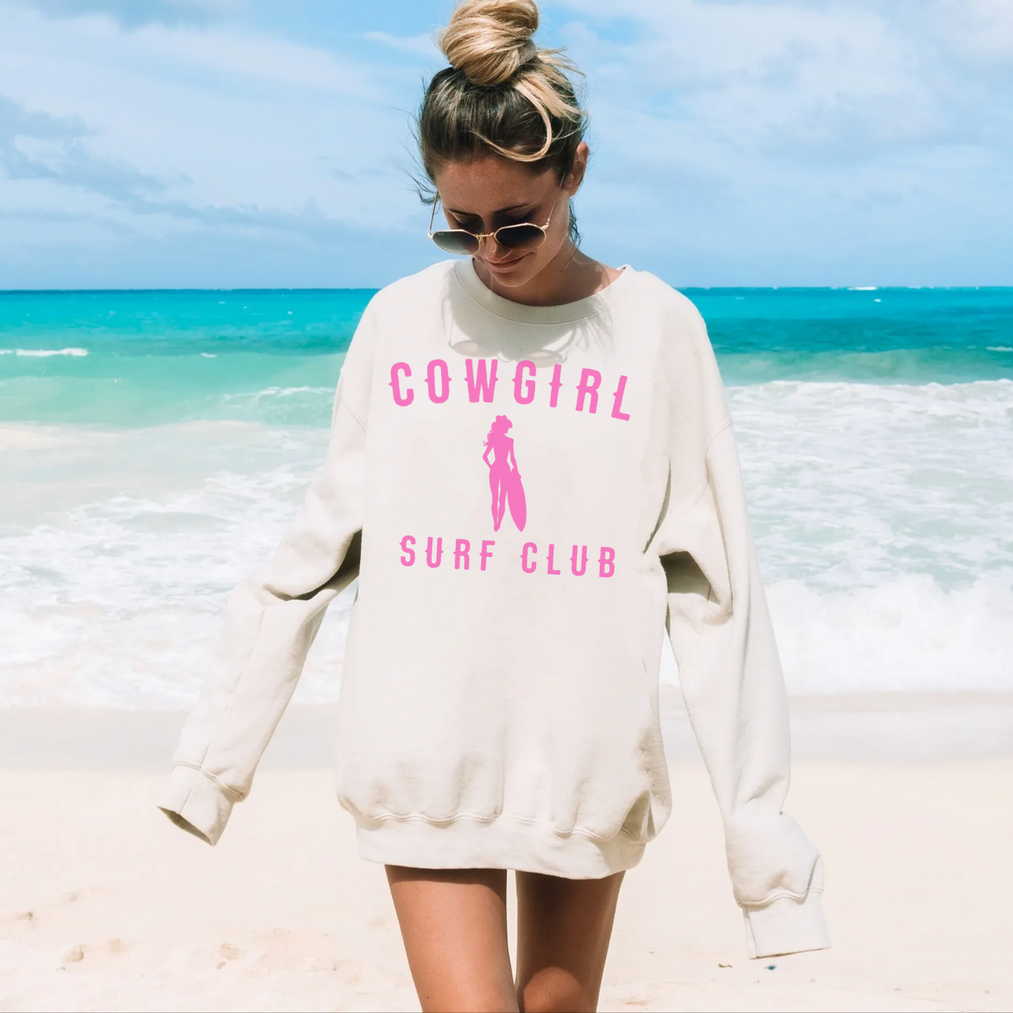 Pink coastal cowgirl surf club oversized beach sweatshirt