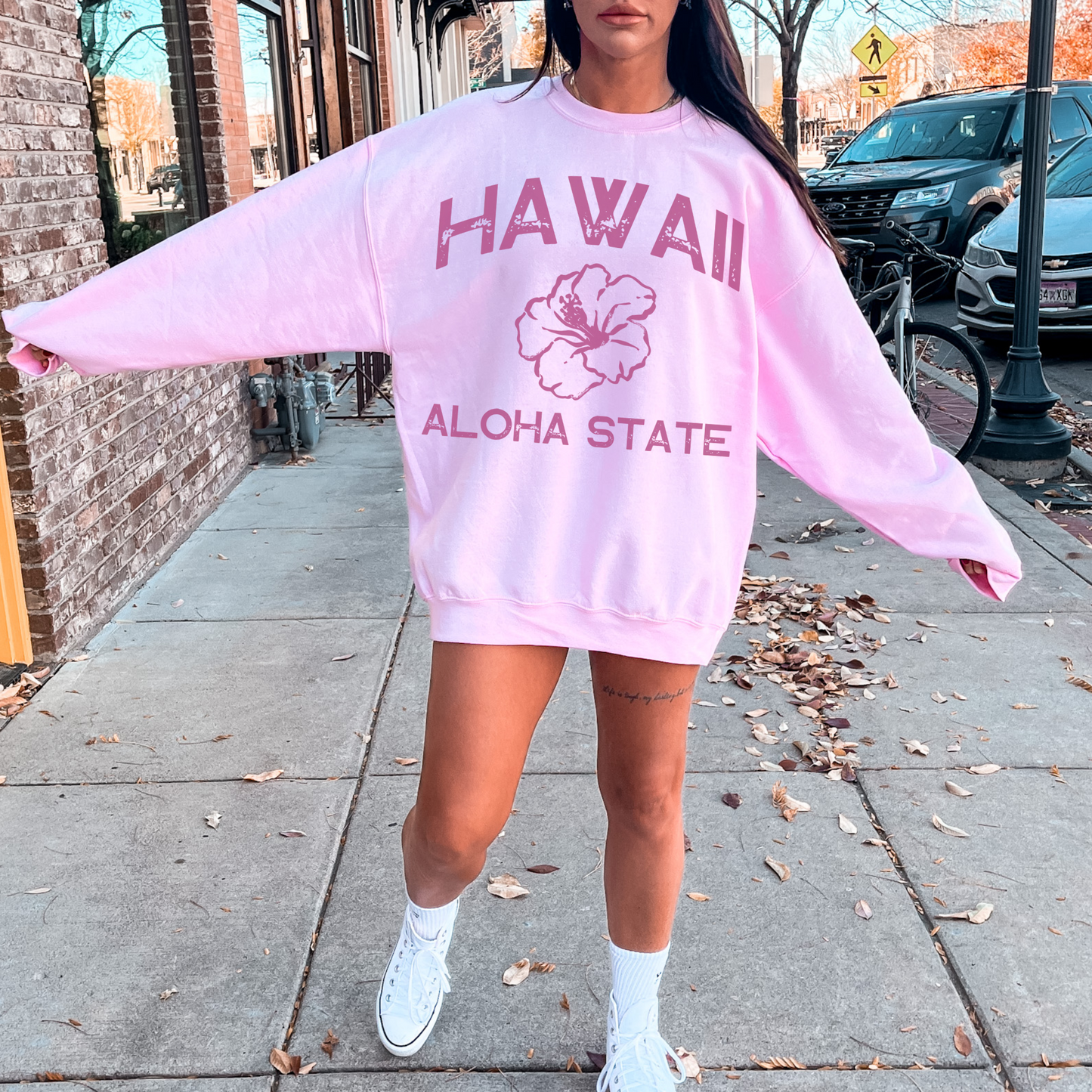 Pink Distressed Hawaii Crewneck Sweatshirt